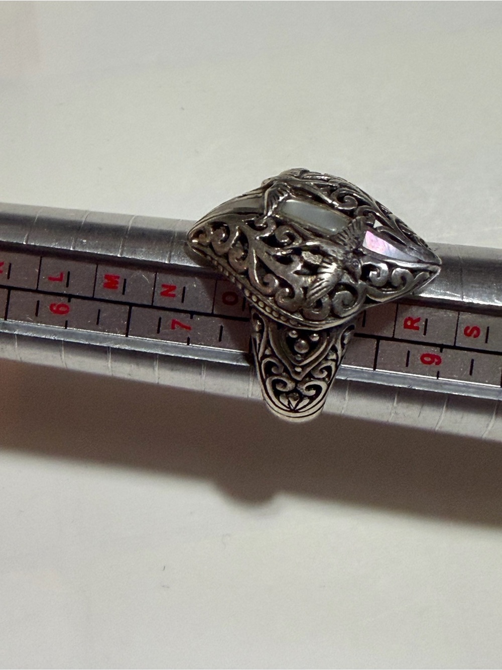 Intricate Filigree sarda sterling Silver Ring with Iridescent Inlay